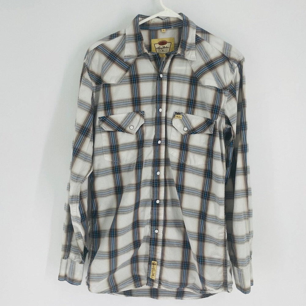 Larry Mahan Cowboy Collection size S Blue‎ White Plaid Western Pearl Snap Shirt